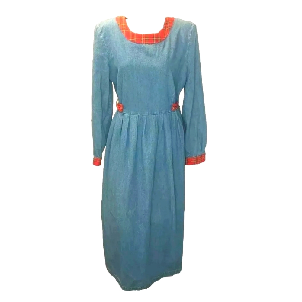 Vtg Melissa Harper Lagenlook Dress Sz L 12 Blue Denim Red Plaid Hertiage Belted